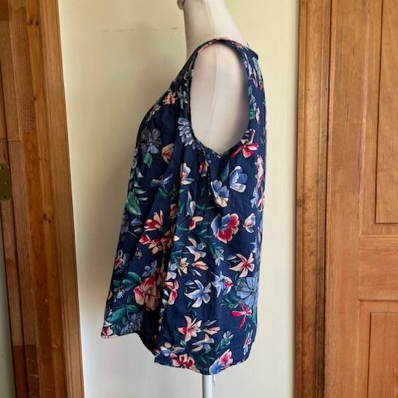 TALBOTS Sleeveless Blue Floral Pleated Neckline Tank Top M - Picture 5 of 14